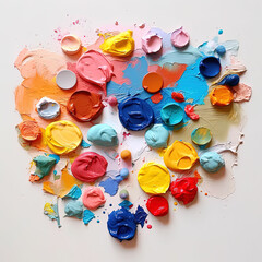 On a white background, the artist's colors are white, red, yellow, pink, and purple