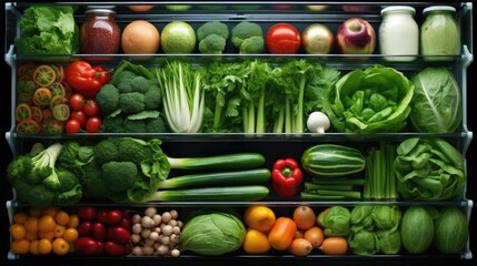 Lots of green food on the shelves of the fridge