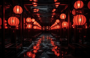 a beautiful corridor with red and light red lanterns
