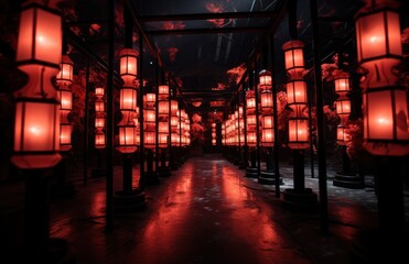 a beautiful corridor with red and light red lanterns - obrazy, fototapety, plakaty