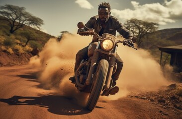 a black man riding a motorcycle down a dirt road