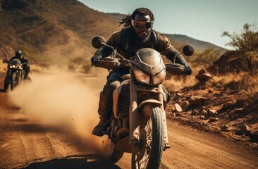 a black man riding a motorcycle down a dirt road