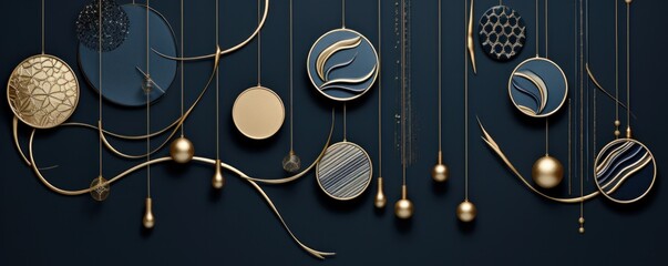 a blue and gold ornaments hang from some string