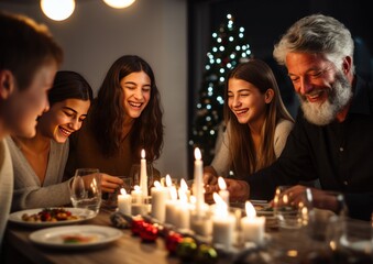 Obraz na płótnie Canvas a family lights candles at a dinner table