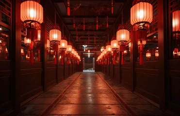 Tuinposter a beautiful corridor with red and light red lanterns © olegganko