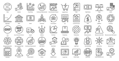 Macroeconomy Line Icons Economy Financial Assets Iconset in Outline Style 50 Vector Icons in Black - obrazy, fototapety, plakaty