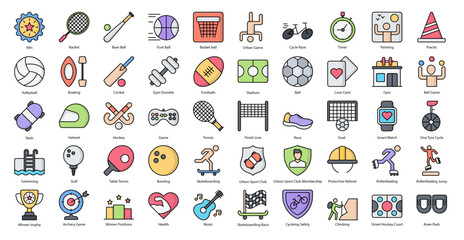 Urban Sports Filled Line Icons Sport Football Iconset in Colored Outline Style 50 Vector Icons