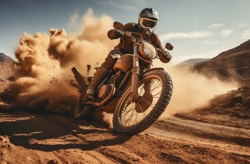 a black man riding a motorcycle down a dirt road - obrazy, fototapety, plakaty