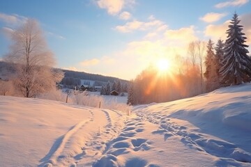 a snow covered hill with the sun on the sky