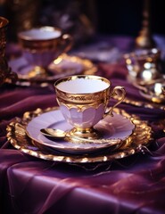 Obraz na płótnie Canvas gold tea set includes silver cups and glassware