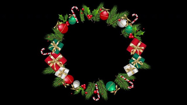 3d Animated Decorative Christmas Wreath Isolated on Black Background. Holiday Design Element. Merry Christmas and Happy New Year Decorative Frame Animation Template. 4K video design.