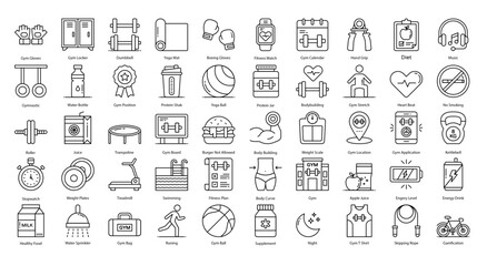 Gym Fitness Thin Line Icons Workout Biceps Muscle Iconset in Outline Style 50 Vector Icons in Black	 - obrazy, fototapety, plakaty