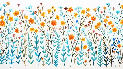 Children's drawing of the pattern of wild flowers  in bright colors for walls. Flowers and leaves background, watercolor hand drawn illustration. Ai generative.