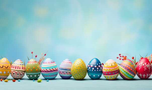 A beautifully painted Easter background card with decorated eggs on a stylish bright blue colour background.