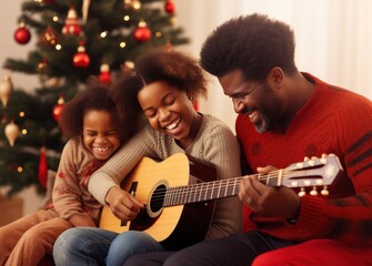 african american multicultural family and kids playing guitar behind christmas tree