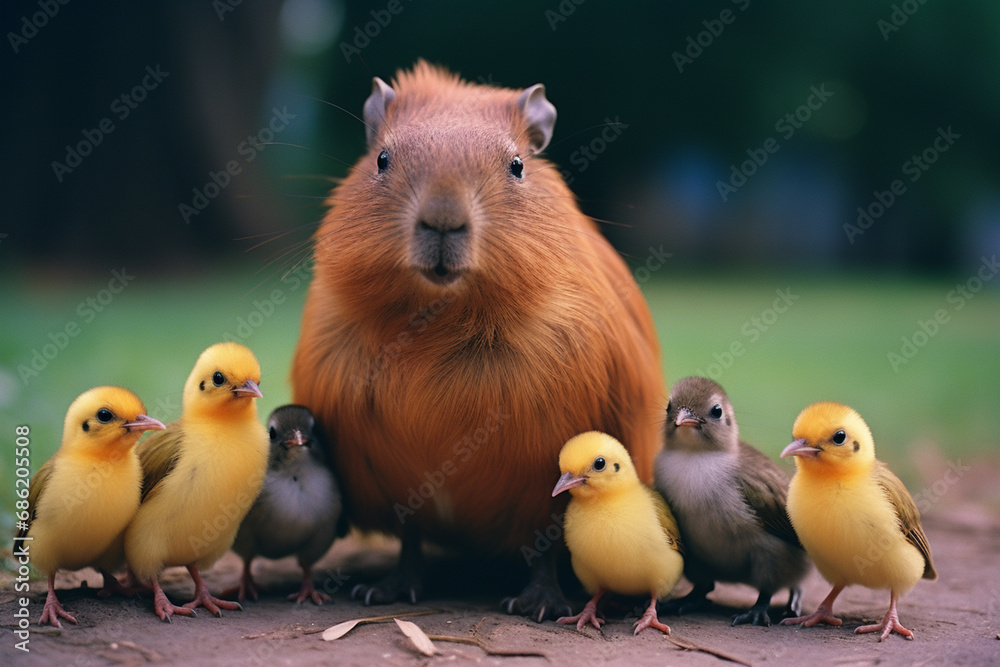 Poster a heartwarming scene of a capybara babysitting a group of ducklings, highlighting the unusually tole