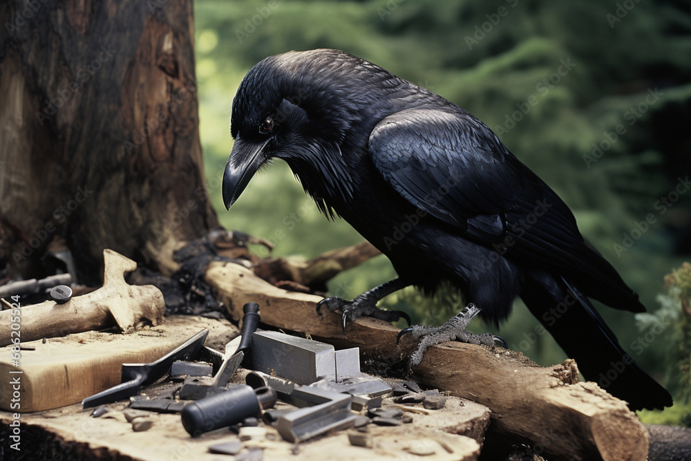 Poster A series of images featuring a crow using tools to extract insects from tree bark, highlighting the surprising cognitive abilities of these intelligent birds.