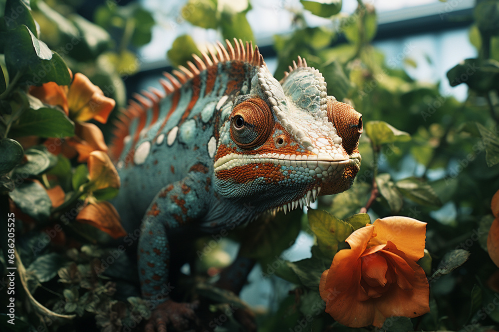 Poster a macro photograph showcasing a chameleon in ambush mode, blending seamlessly into its surroundings 