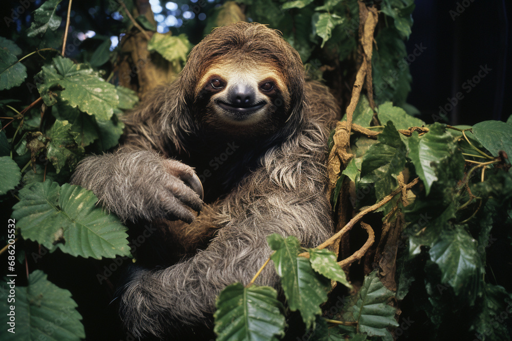 Poster An image of a sloth providing a sanctuary for moths in its fur, showcasing a mutually beneficial relationship where the moths receive shelter, and the sloth gains an additional layer of camouflage.