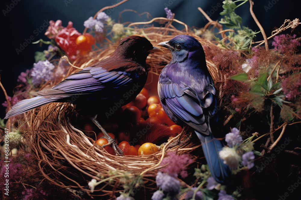 Poster a series of photographs capturing the elaborate courtship displays of bowerbirds, showcasing their t