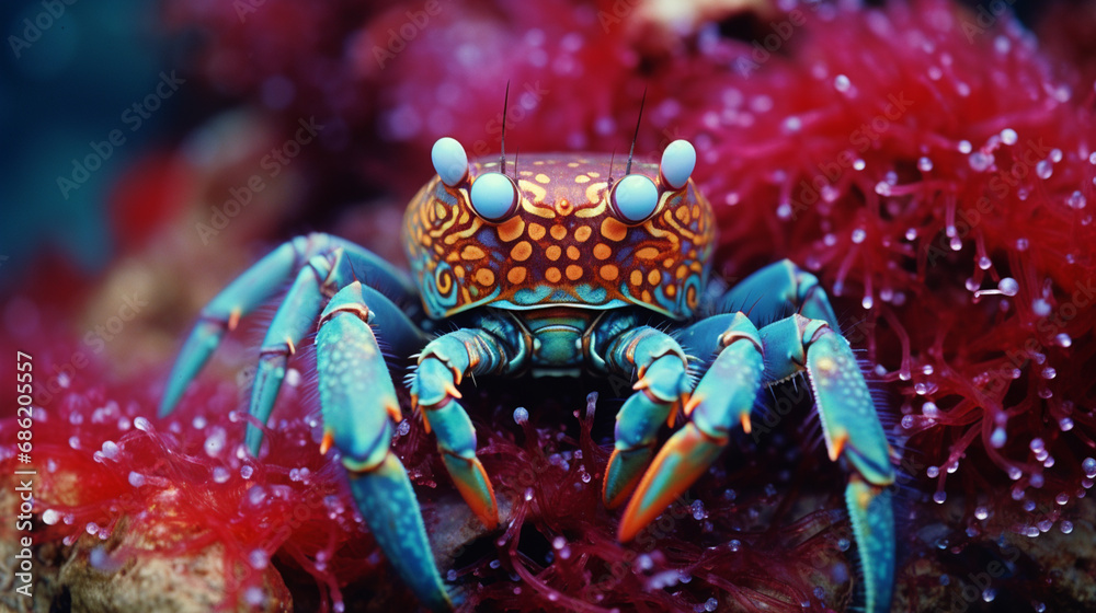 Aufkleber Close-up images of a decorator crab adorned with an assortment of materials for camouflage, highlighting its unique ability to blend seamlessly into its environment.