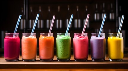 Smoothie spectrum, over-the-shoulder shot of a blender pouring a rainbow of different colored smoothies into glasses, each representing a different nutrient-rich ingredient.