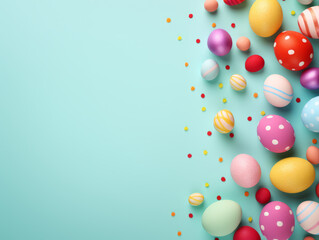 A bright Easter card with eggs along the side and a blue backdrop.