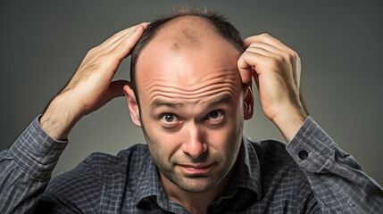 Middle aged man touching his head showing concern over hair loss. Male-pattern baldness androgenetic type