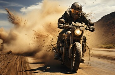 a black man riding a motorcycle down a dirt road