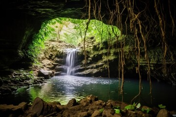 Scenic view of waterfall in the forest seen through cave