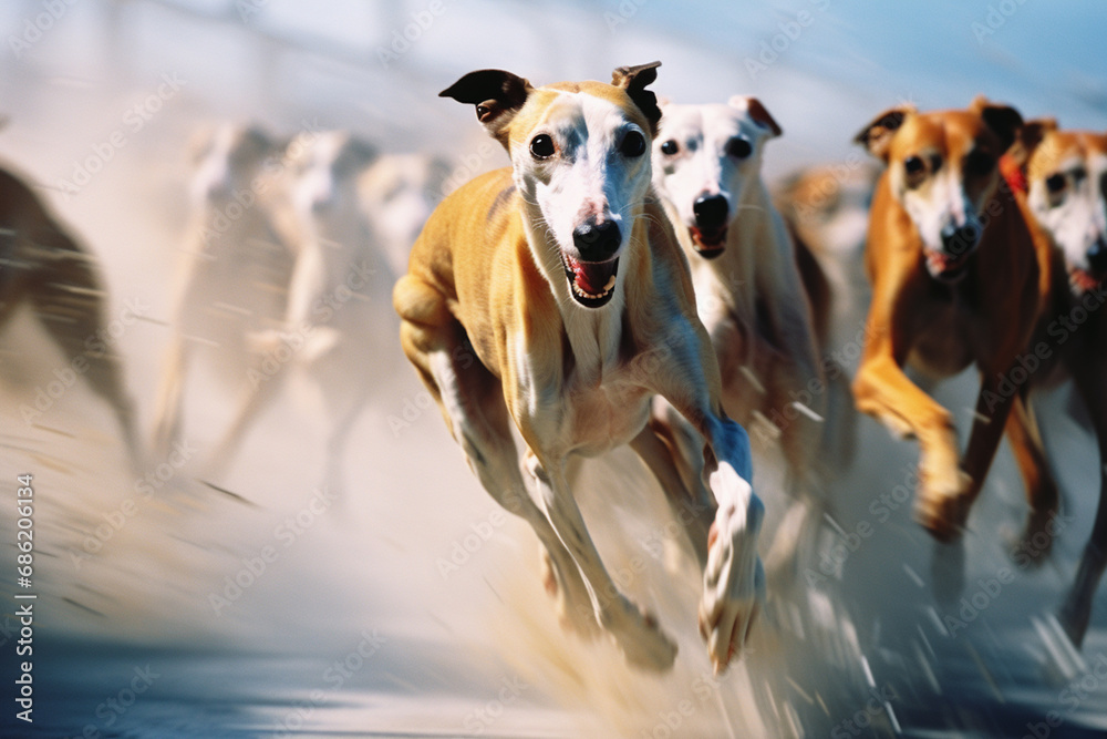 Aufkleber Whippets in a whirlwind of racing action, forming abstract shapes that emphasize their agility and speed.
