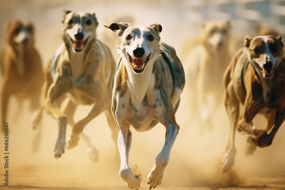Poster Greyhounds in mid-gallop, creating abstract lines that highlight the dynamic and powerful strides of these racing dogs.