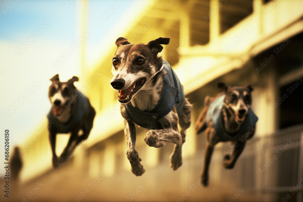 Poster Greyhounds in mid-gallop, creating abstract lines that highlight the dynamic and powerful strides of these racing dogs.