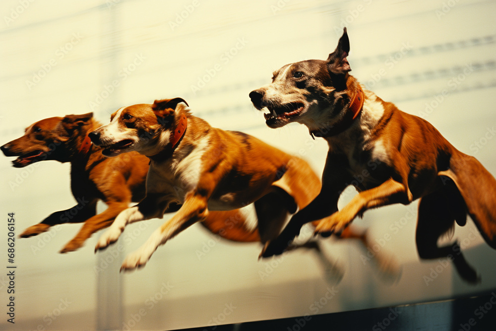 Poster racing dogs in a ballet of speed, forming abstract shapes that capture the agility and precision in 