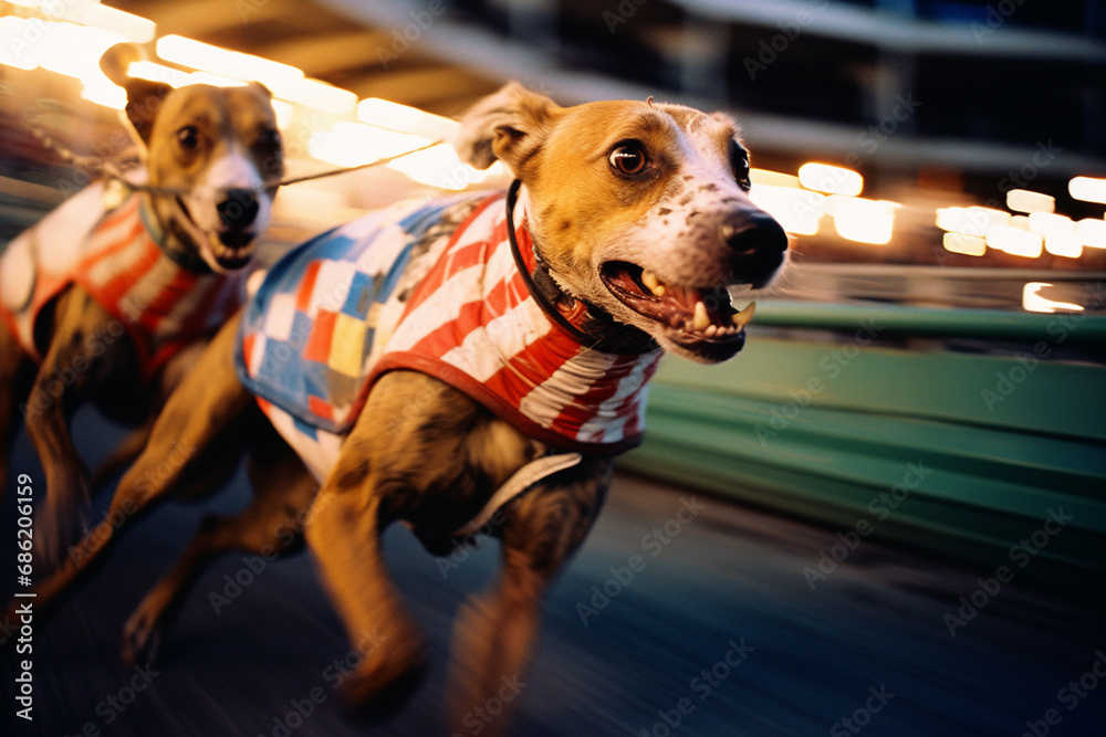 Aufkleber racing dogs in a blur of speed, creating abstract streaks on the track that convey the rapid pace of