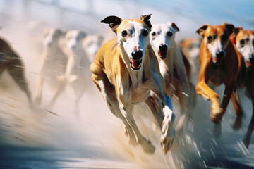 Whippets in a whirlwind of racing action, forming abstract shapes that emphasize their agility and speed.