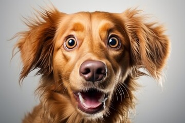 A Close-Up of a Cute Dog with an Open Mouth And a surprised Look On It's Face. A close up of a happy dog with its mouth open on a studio Backdrop. - obrazy, fototapety, plakaty