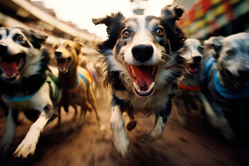 Dogs in full sprint, generating abstract energy lines that convey the vibrant and lively atmosphere of a dog race. - obrazy, fototapety, plakaty