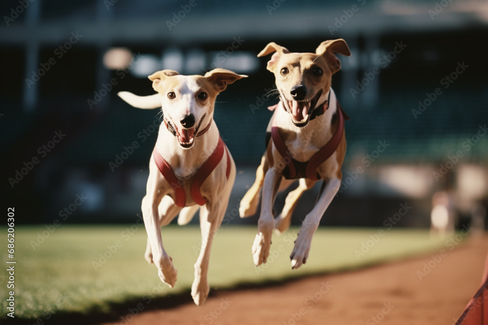 Poster whippets showcasing agility in abstract poses, illustrating the nimble movements and quick reflexes 