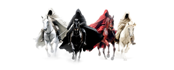Four Horsemen of the Apocalypse - white for conquest, red for war, black for pestilence or famine, and pale for death - obrazy, fototapety, plakaty