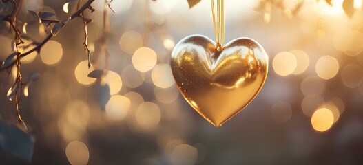 Golden background with a golden hanging heart on a tree, romantic banner for Valentine's day and wedding. - obrazy, fototapety, plakaty