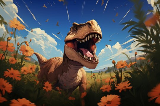 Dinosaur in the meadow with flowers for National Draw a Dinosaur Day - Powered by Adobe