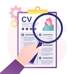 Paper resume lie on workplace table. HR agent or boss hand uses magnifying glass to select new employee. Recruitment, we are hiring. CV, curriculum vitae,