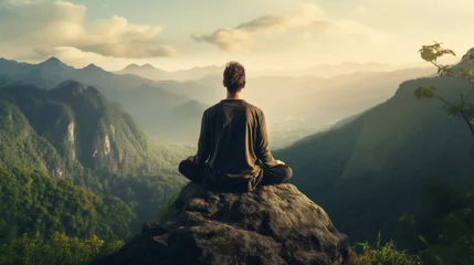 Rolgordijnen Meditation, landscape and man sitting on mountain top for mindfulness and relax spirituality. Peaceful, stress free and focus in nature with view, for mental health, zen and meditating lotus practise © MalamboBot/Peopleimages - AI