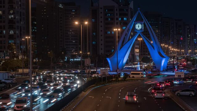 4K Timelapse of Deira Clock Tower and Old Dubai Traffic