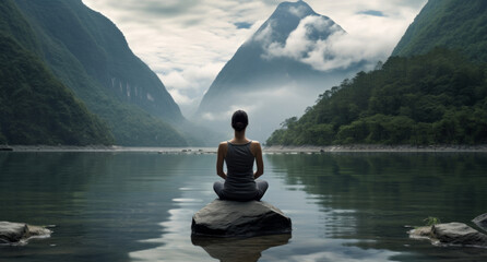 Meditation, landscape and woman sitting on a rock at a lake for mindfulness and relax spirituality. Peaceful, stress free and focus in nature with view for mental health, zen and meditating practise - obrazy, fototapety, plakaty