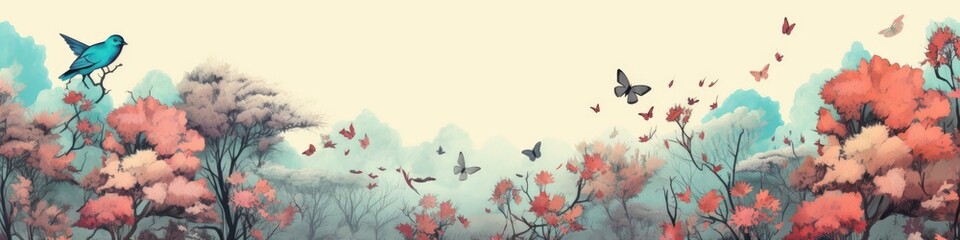 Drawing pattern wallpaper of a forest landscape with birds, butterflies and trees. Ai generative