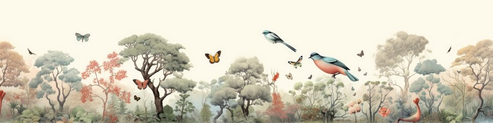 Drawing pattern wallpaper of a forest landscape with birds, butterflies and trees. Panoramic background with trees and birds. Horizontal banner.  Ai generative