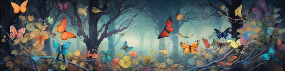 Obraz na płótnie Canvas Autumn forest panoramic bannerDrawing pattern wallpaper of a forest landscape with birds, butterflies and trees. Ai generative