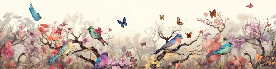 Fototapete Schmetterlinge im Grunge Beautiful spring landscape. Drawing pattern wallpaper of a forest landscape with birds, butterflies and trees. Ai generative